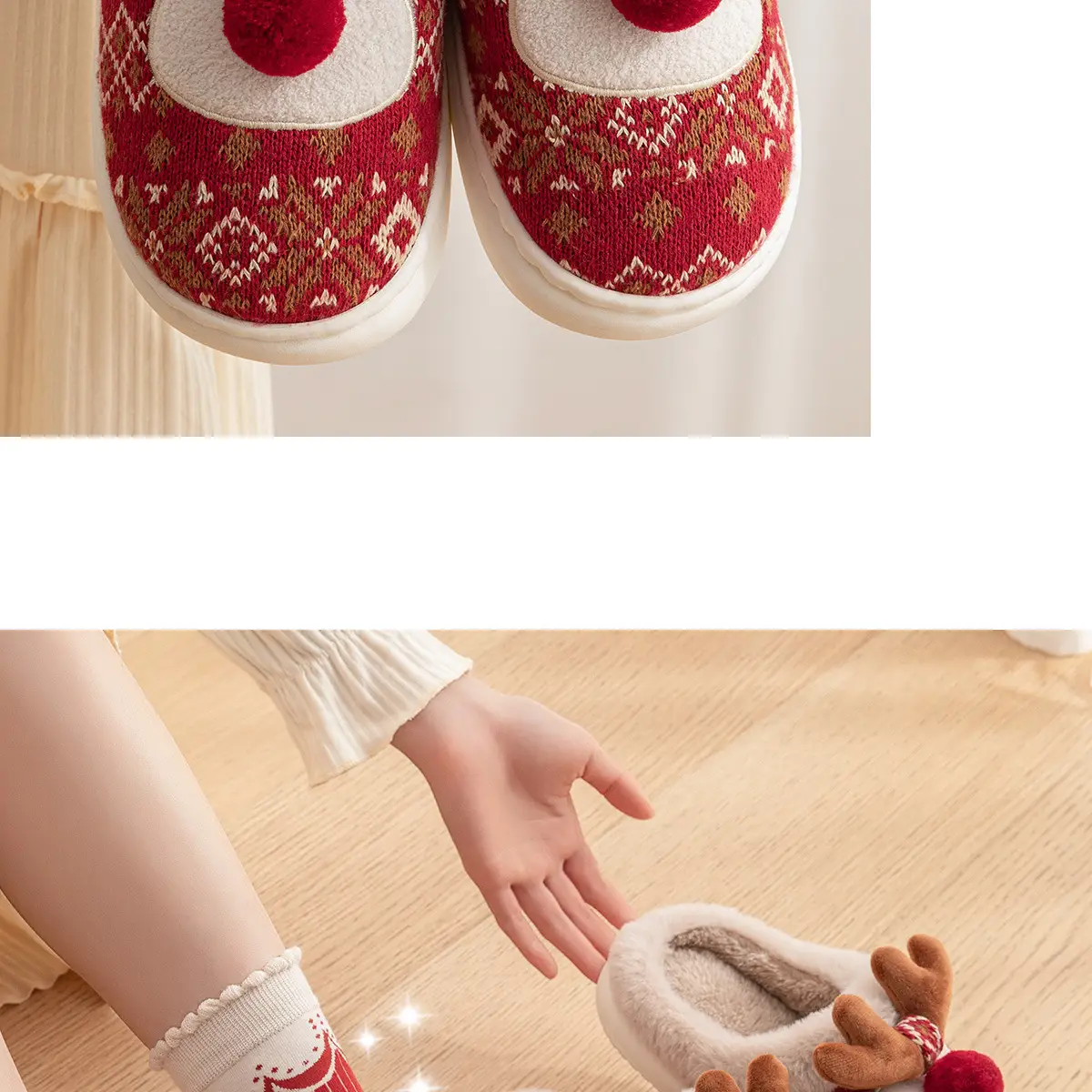 Christmas Deer Embroidered Cotton Slippers for Women Men Winter Warm — feature 13