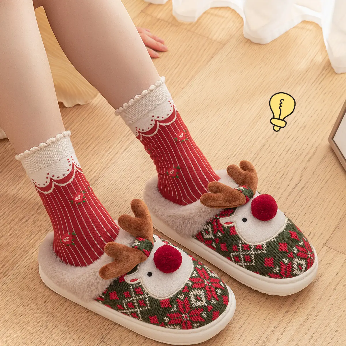 Christmas Deer Embroidered Cotton Slippers for Women Men Winter Warm — feature 15