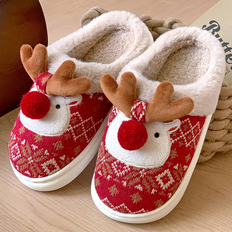 Christmas Deer Embroidered Cotton Slippers for Women Men Winter Warm - Image 2