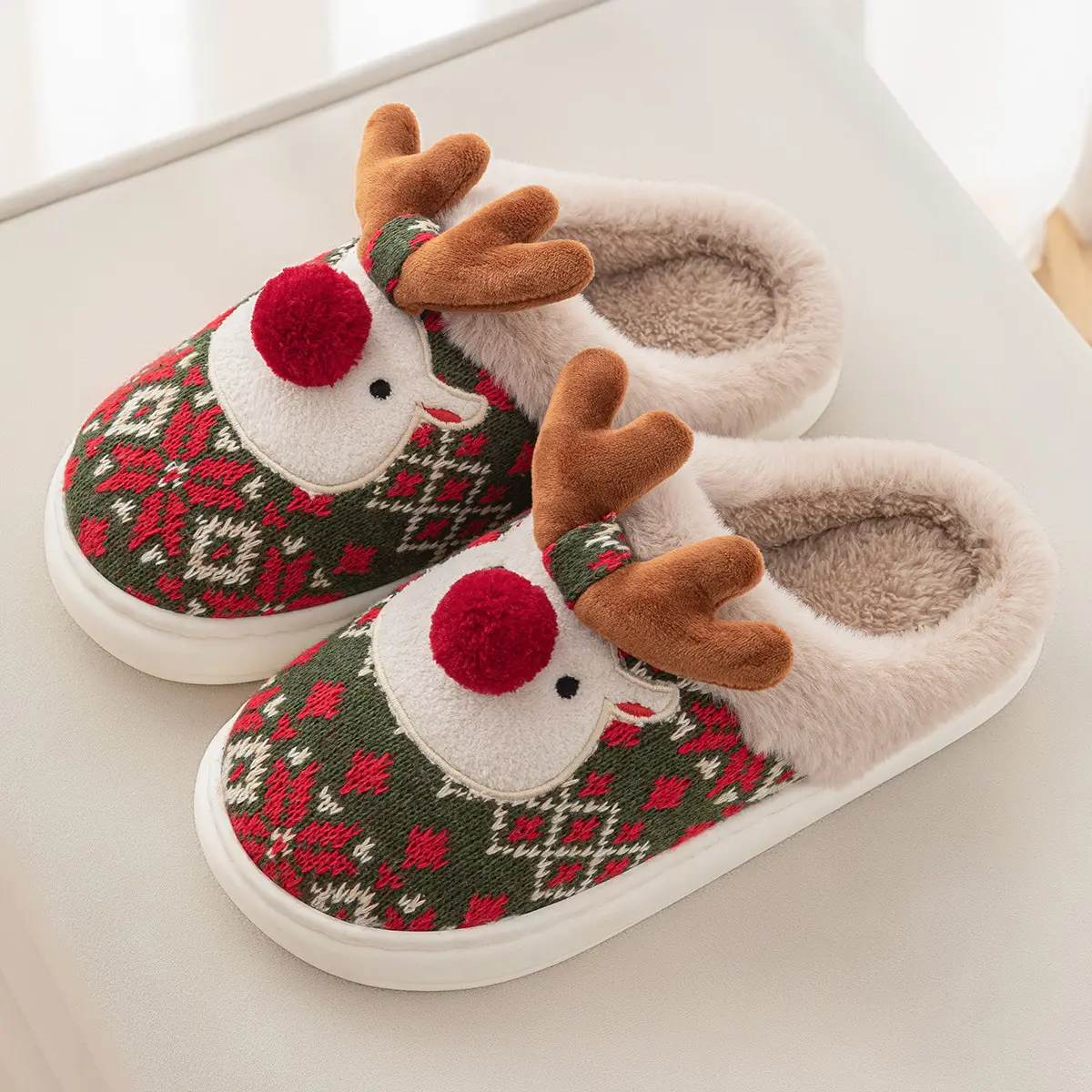 Christmas Deer Embroidered Cotton Slippers for Women Men Winter Warm - Image 3