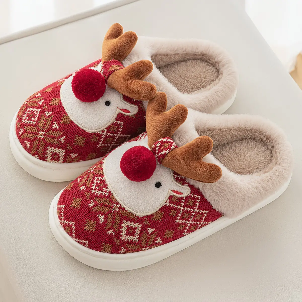 Christmas Deer Embroidered Cotton Slippers for Women Men Winter Warm - Image 4