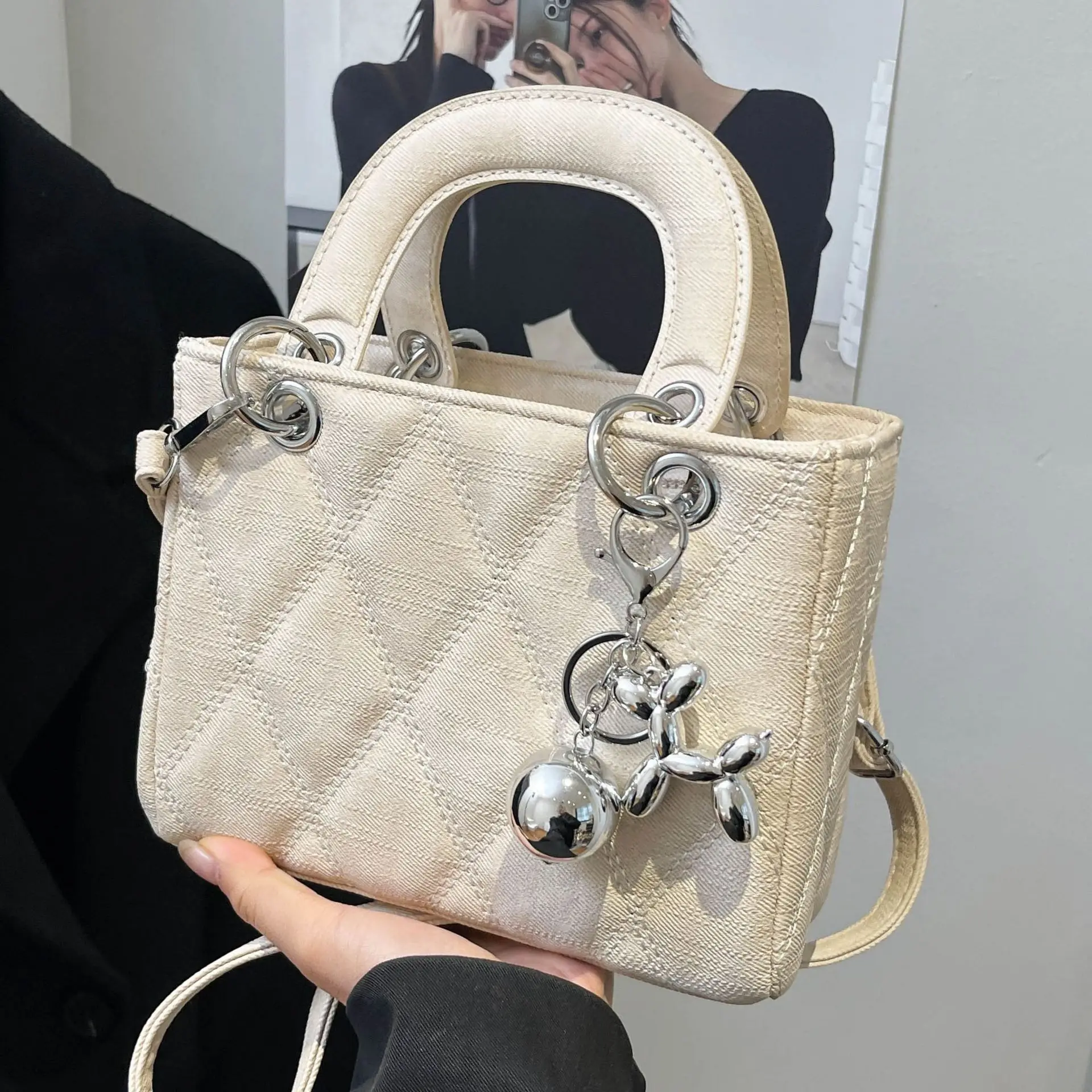 Luxury Grey Quilted Shoulder Bag with Chain Detail - Image 8