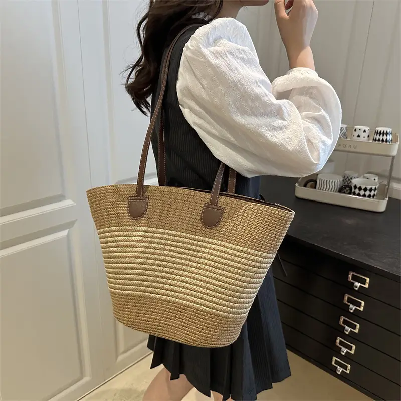 2025 Woven Straw Bag Large Capacity Striped One Shoulder - Image 3