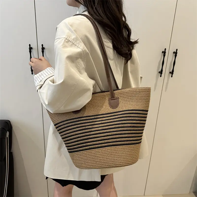2025 Woven Straw Bag Large Capacity Striped One Shoulder - Image 4