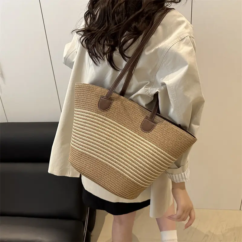 2025 Woven Straw Bag Large Capacity Striped One Shoulder - Image 5