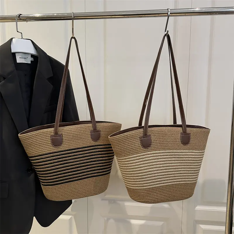 2025 Woven Straw Bag Large Capacity Striped One Shoulder - Image 6