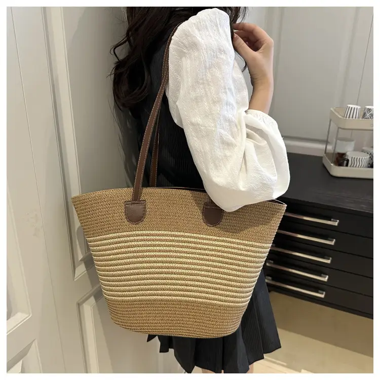2025 Woven Straw Bag Large Capacity Striped One Shoulder — feature 10