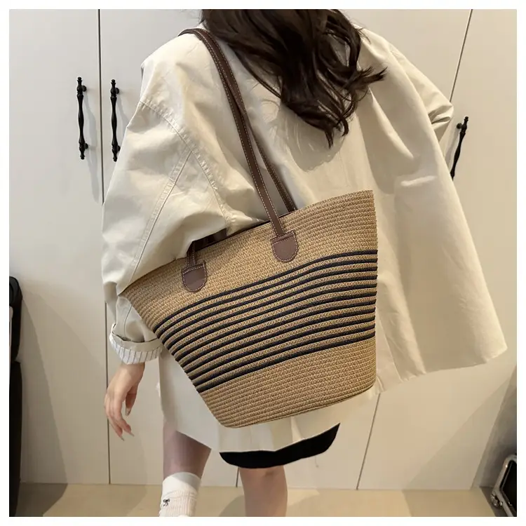 2025 Woven Straw Bag Large Capacity Striped One Shoulder — feature 12