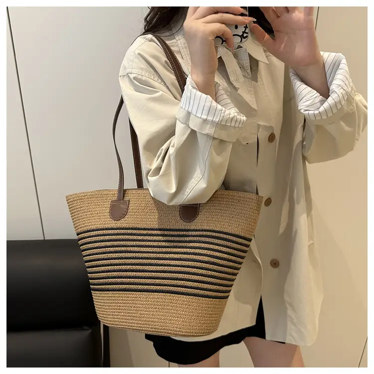 2025 Woven Straw Bag Large Capacity Striped One Shoulder — feature 13