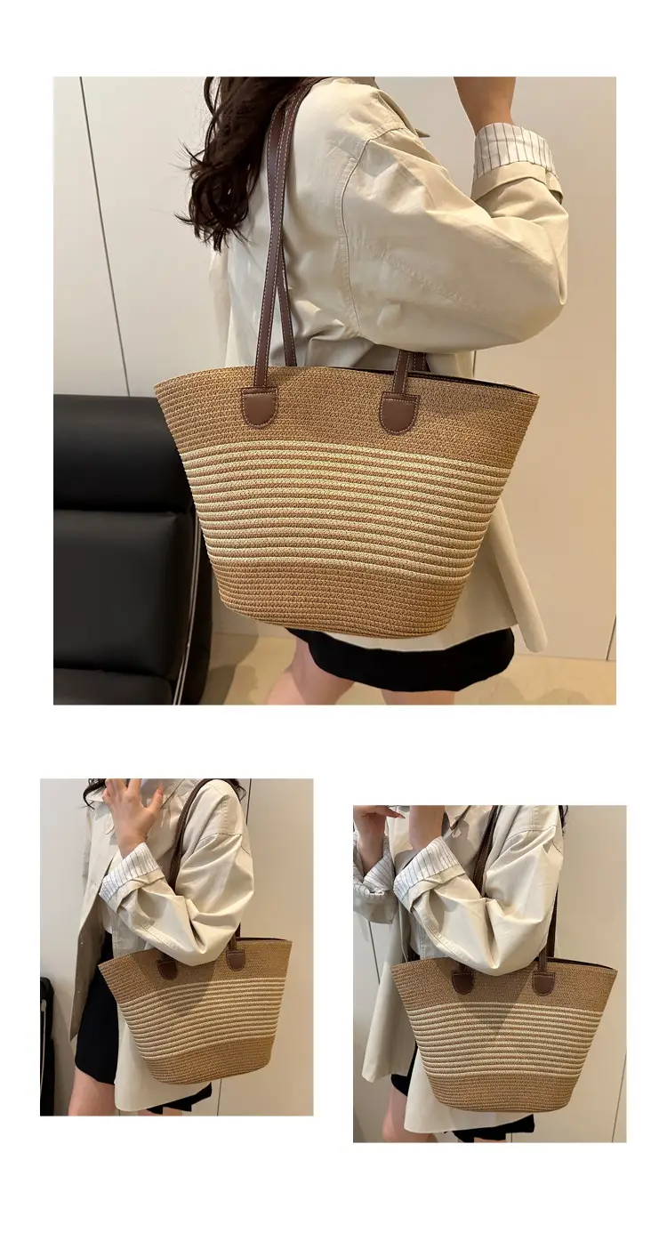 2025 Woven Straw Bag Large Capacity Striped One Shoulder — feature 14