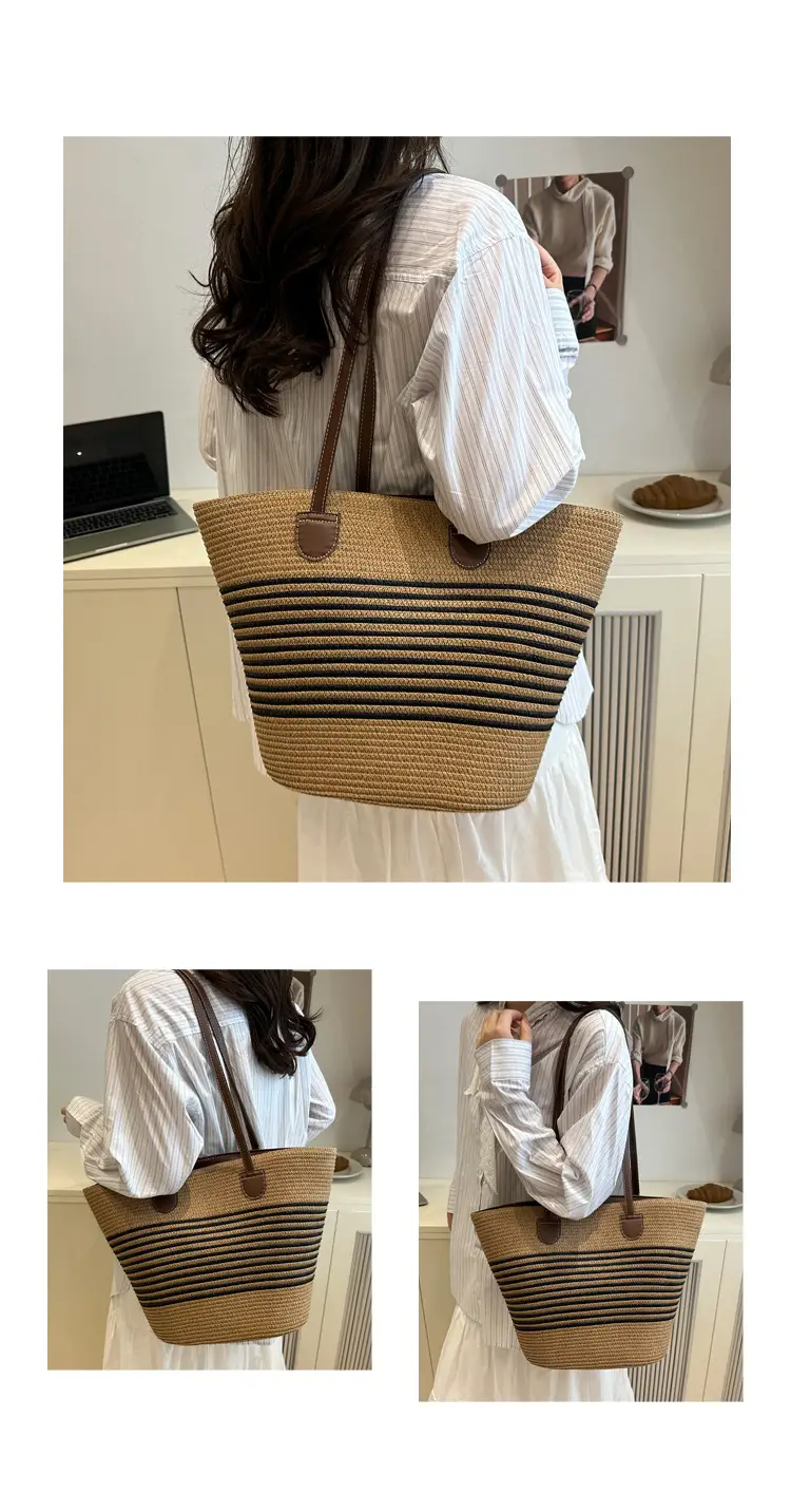 2025 Woven Straw Bag Large Capacity Striped One Shoulder — feature 15