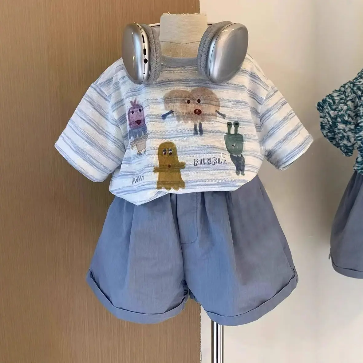 Boys Cartoon Print Cotton Shorts Set Blue Striped - Image 4