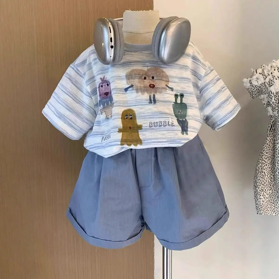 Boys Cartoon Print Cotton Shorts Set Blue Striped - Image 5
