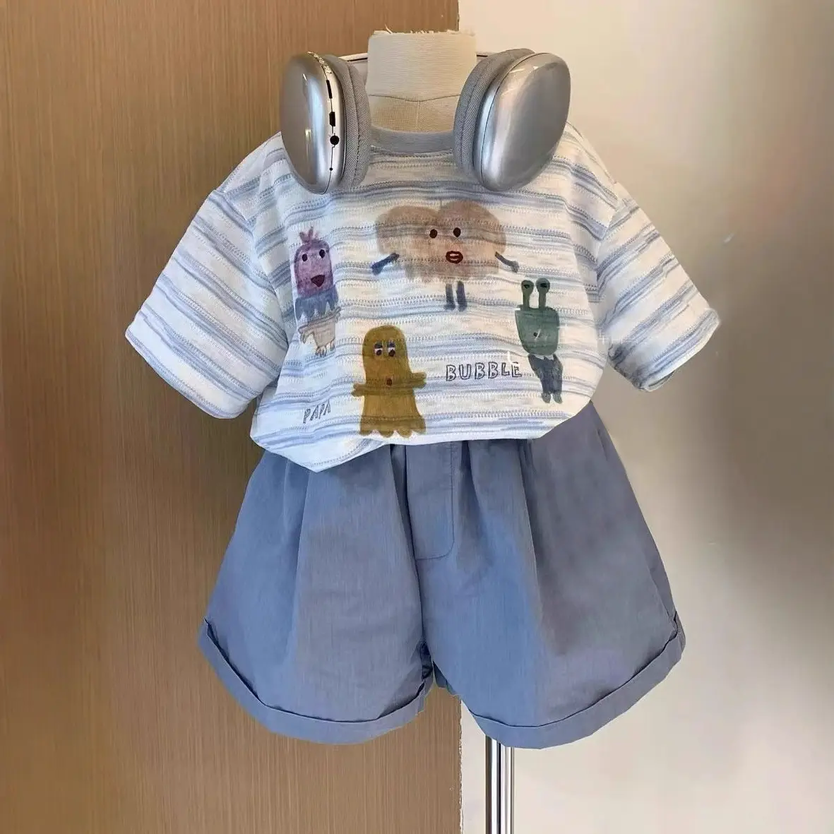 Boys Cartoon Print Cotton Shorts Set Blue Striped - Image 6