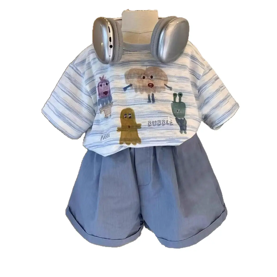 Boys Cartoon Print Cotton Shorts Set Blue Striped - Image 7
