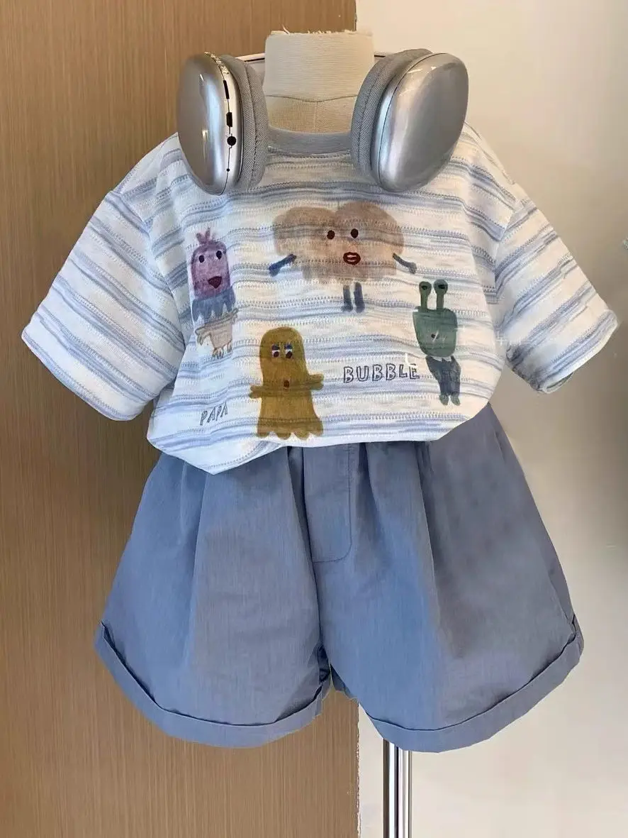 Boys Cartoon Print Cotton Shorts Set Blue Striped — feature 1