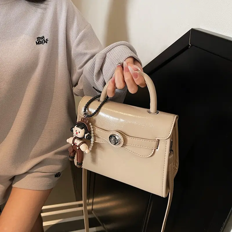 Beige Square Handbag with Cute Decor for Women