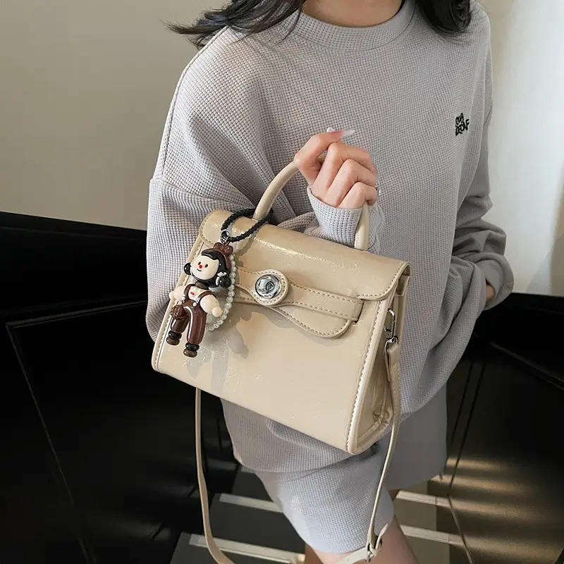 Beige Square Handbag with Cute Decor for Women