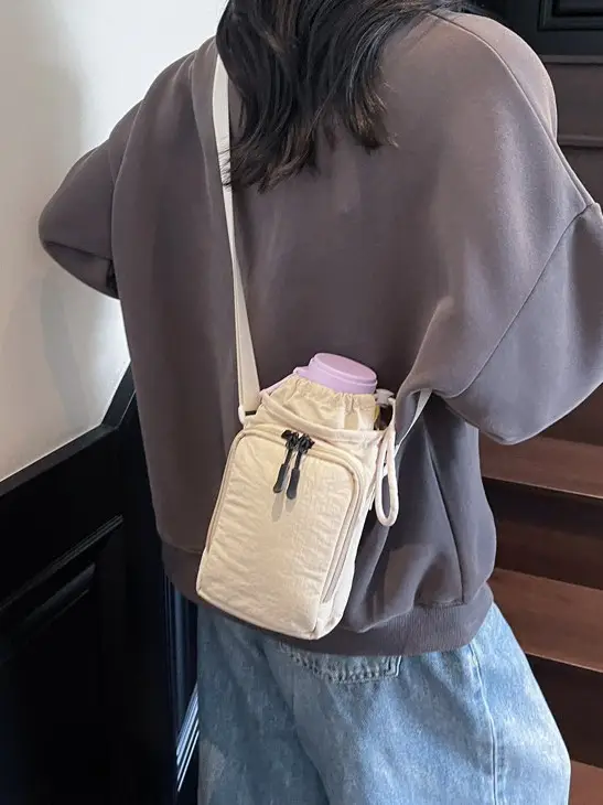 Women's Beige Crossbody Bag with Water Bottle Holder - Image 6