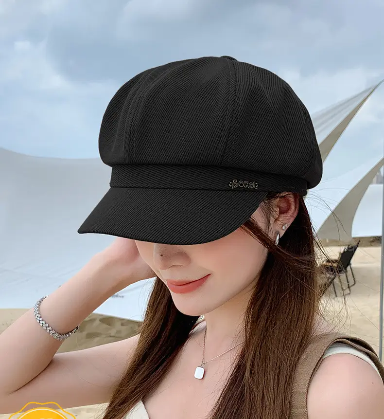 Women French Retro Newsboy Cap Beige Large Head — feature 1