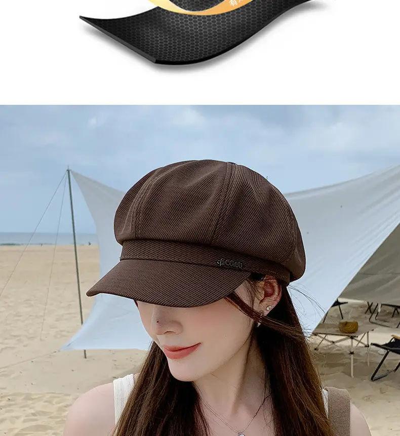 Women French Retro Newsboy Cap Beige Large Head — feature 3
