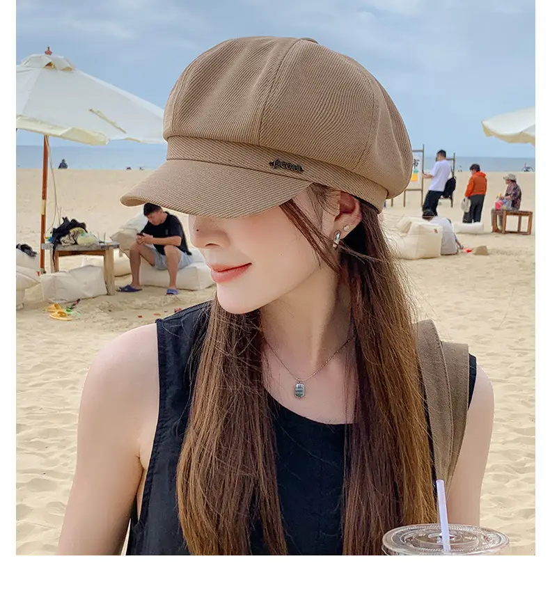 Women French Retro Newsboy Cap Beige Large Head — feature 8