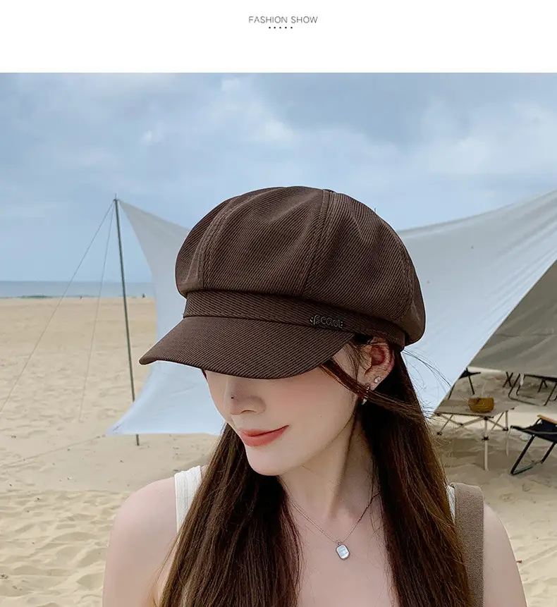 Women French Retro Newsboy Cap Beige Large Head — feature 9