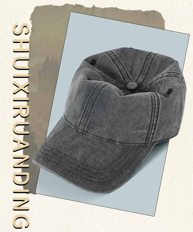 Vintage Washed Denim Cap Dark Gray Wide Brim — feature 3