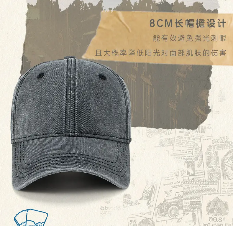 Vintage Washed Denim Cap Dark Gray Wide Brim — feature 7