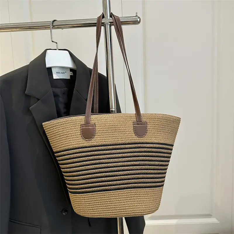 2025 Woven Straw Bag Summer Large Capacity Striped - Image 3
