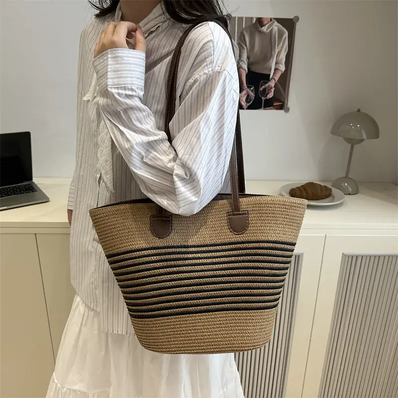 2025 Woven Straw Bag Summer Large Capacity Striped - Image 6