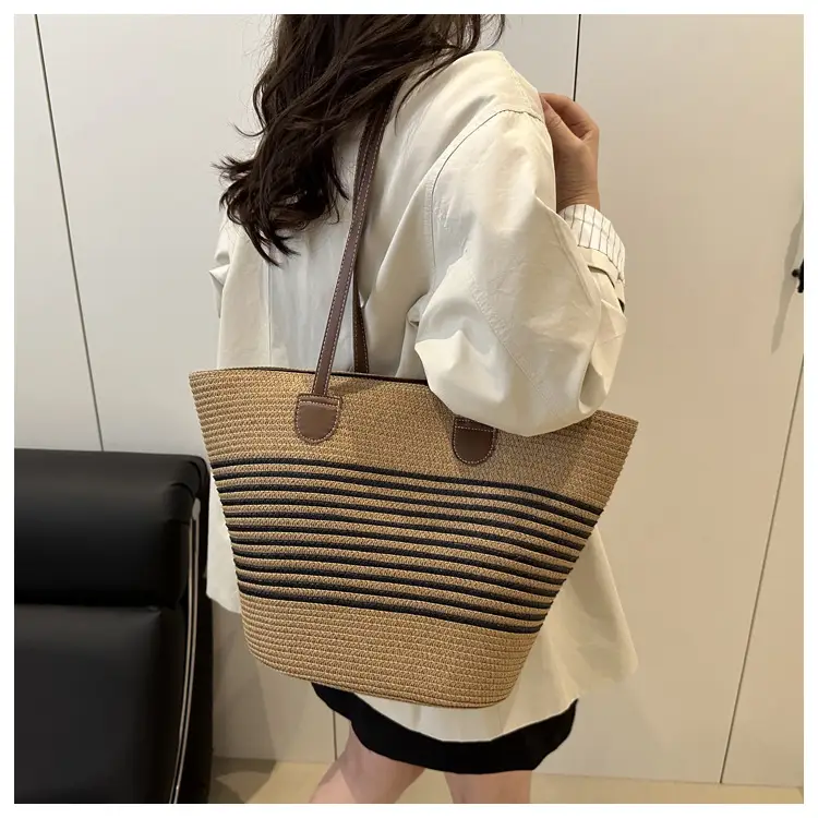 2025 Woven Straw Bag Summer Large Capacity Striped — feature 12