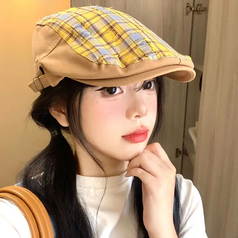 Women Yellow Plaid Forward Cap Korean Style - Image 3