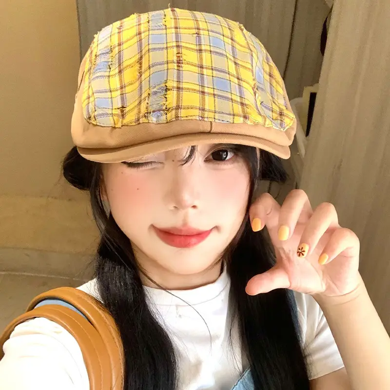 Women Yellow Plaid Forward Cap Korean Style - Image 4