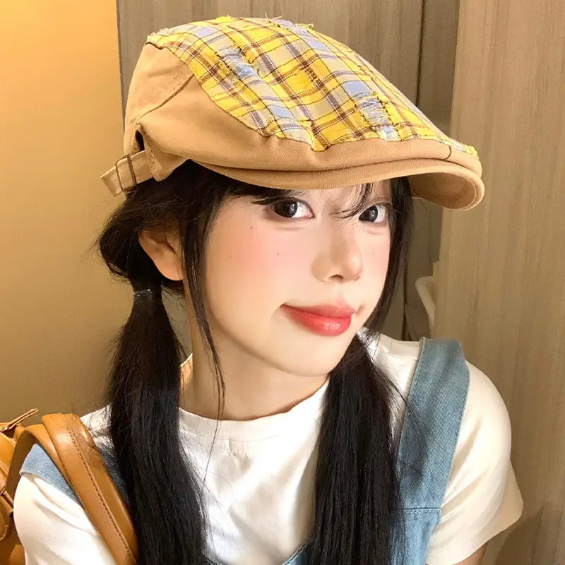 Women Yellow Plaid Forward Cap Korean Style - Image 5
