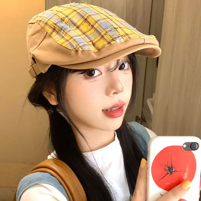 Women Yellow Plaid Forward Cap Korean Style - Image 6