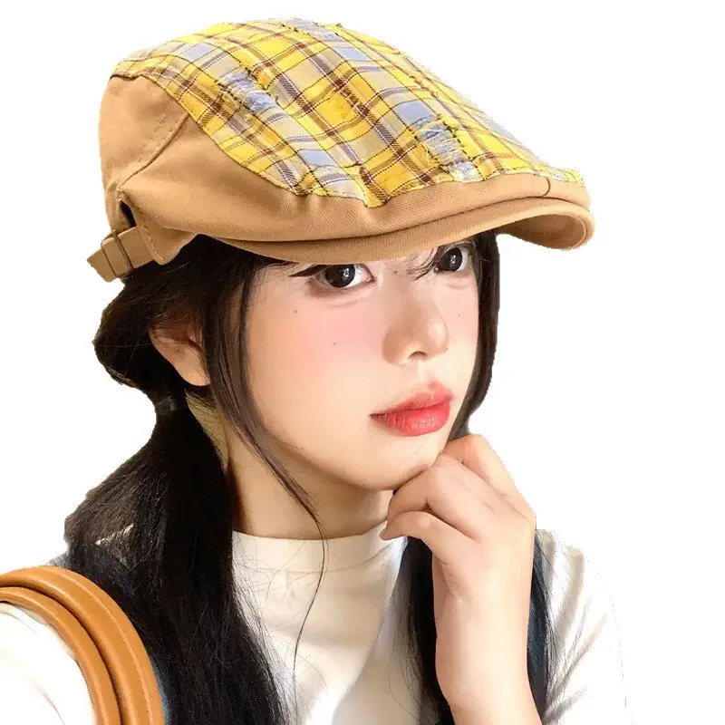Women Yellow Plaid Forward Cap Korean Style - Image 7