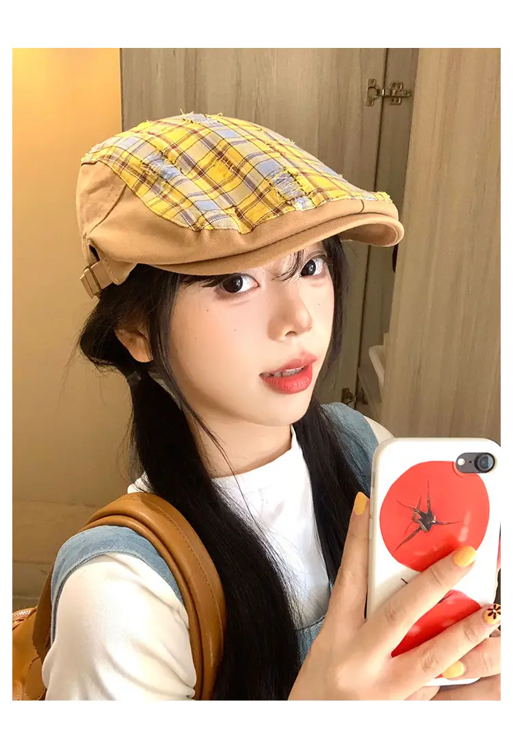 Women Yellow Plaid Forward Cap Korean Style — feature 10