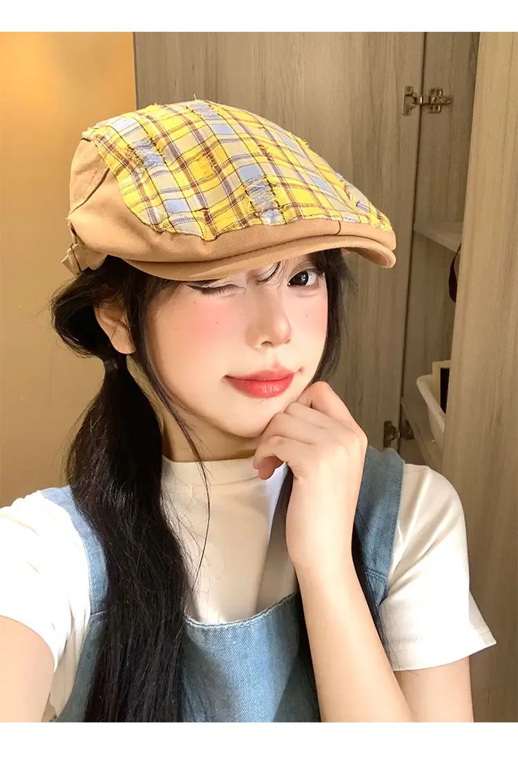 Women Yellow Plaid Forward Cap Korean Style — feature 11