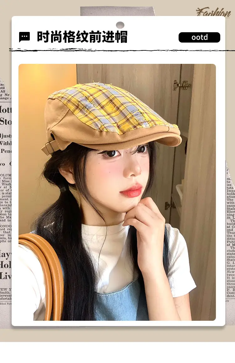 Women Yellow Plaid Forward Cap Korean Style — feature 3