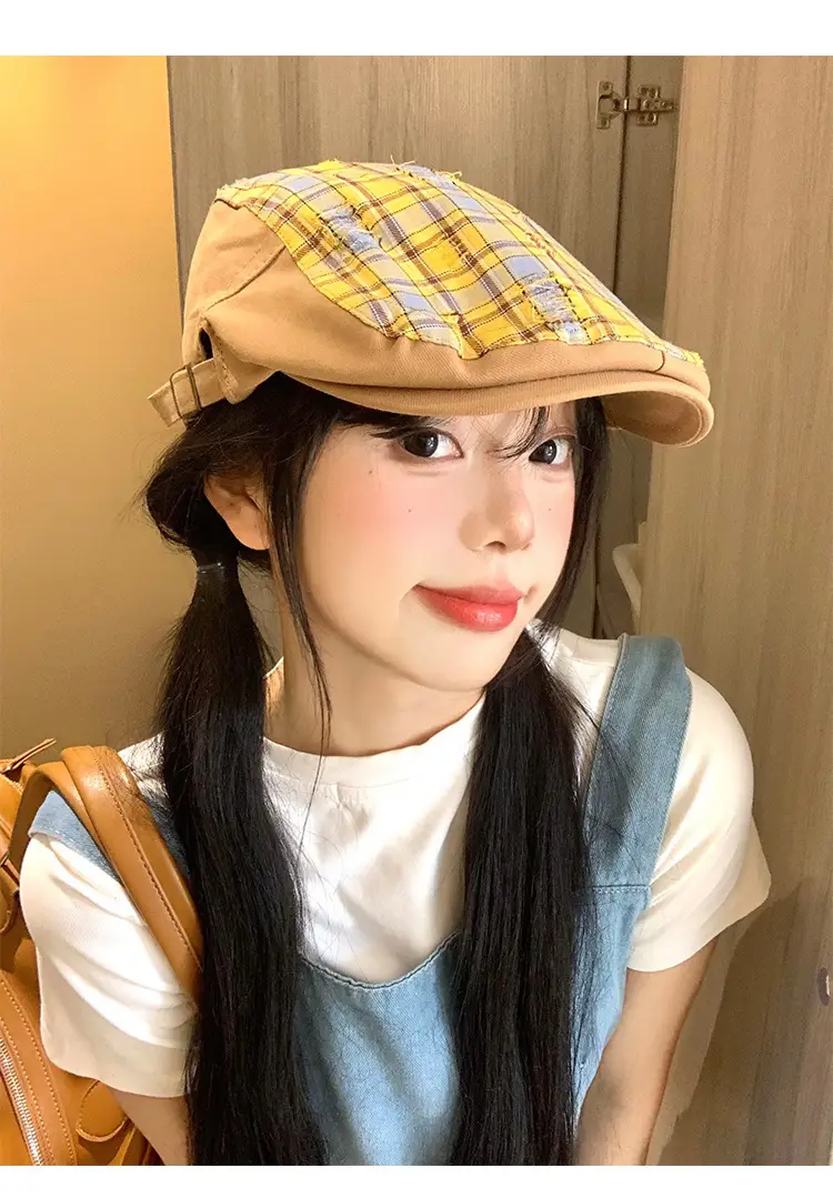 Women Yellow Plaid Forward Cap Korean Style — feature 9