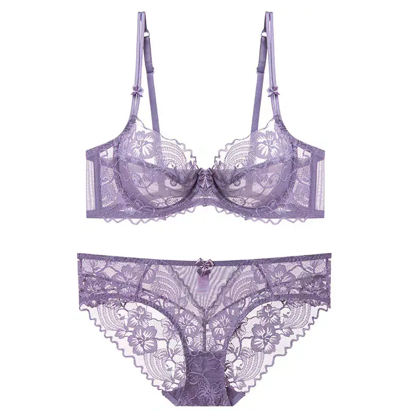 Large Breasts Appear Smaller Intimates Women's Summer Thin Lace Sexy Purple Bra Set French Push-Up Pure Desire Seamless Bra