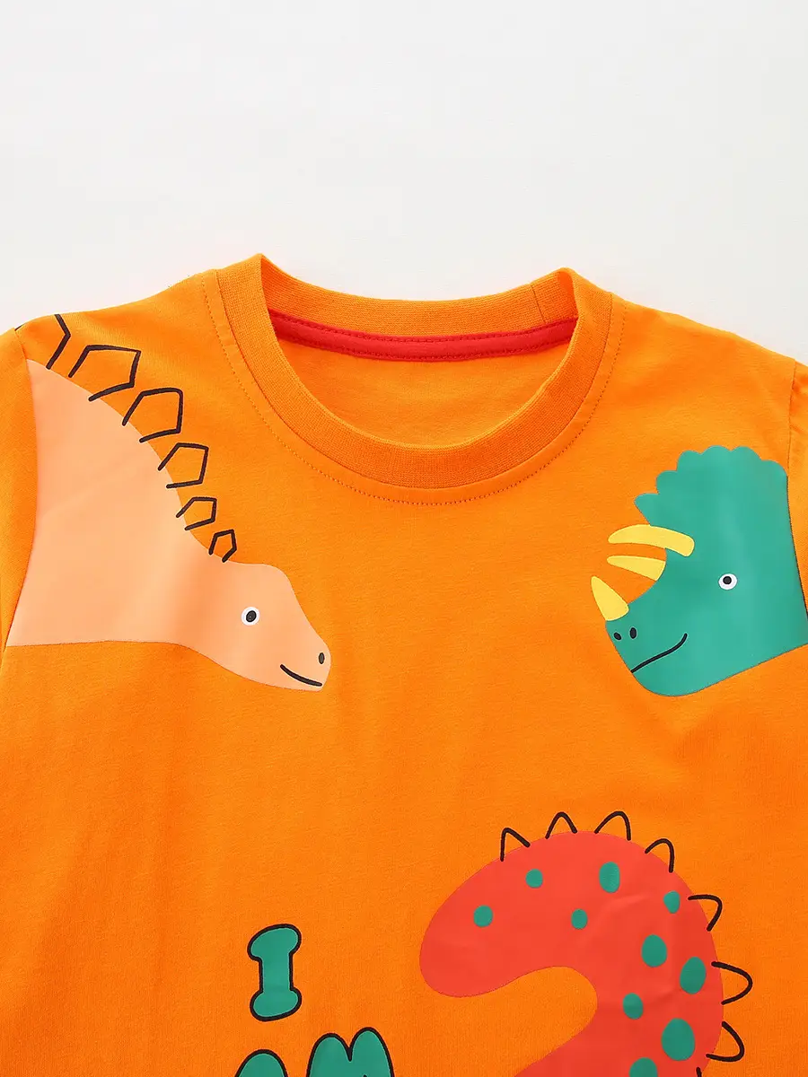 Orange Long Sleeve Kids T-Shirt Dinosaur Print
