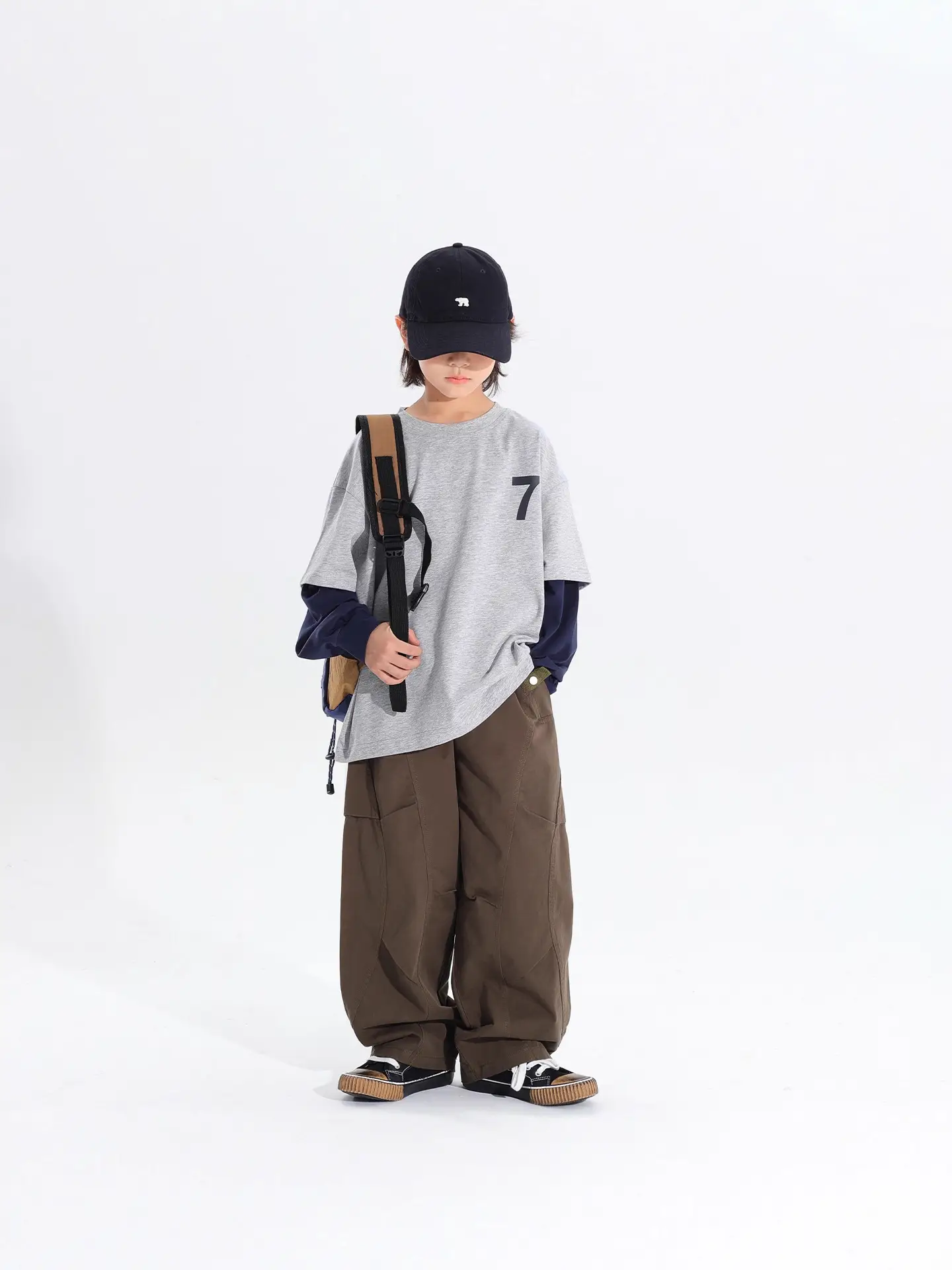 Kids Korean Style 2-Piece T-Shirt Set Grey Brown - Image 5