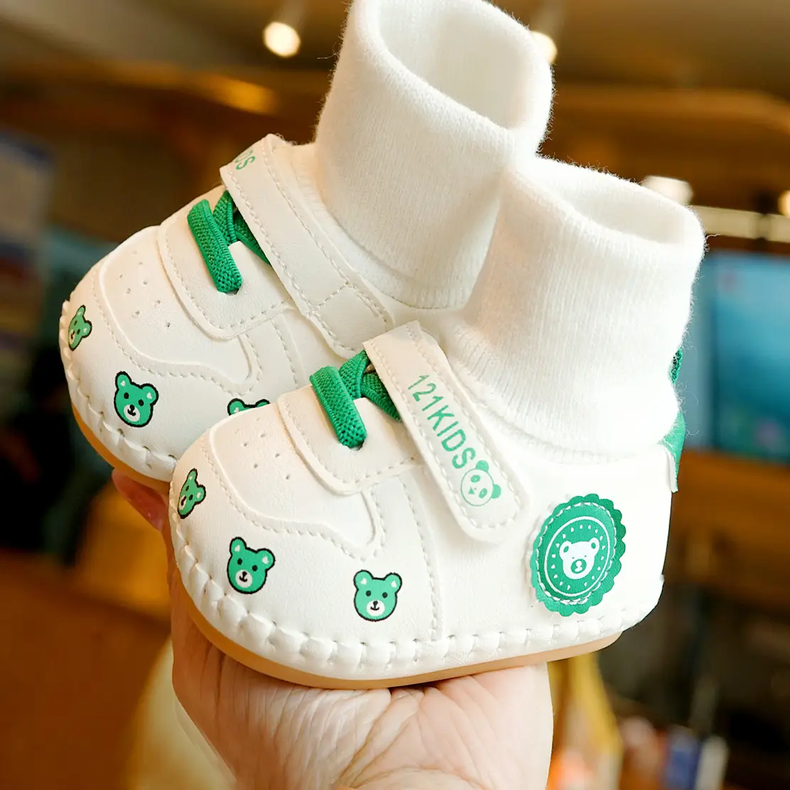 Baby Shoes White Green Newborn Soft Sole 0-1Y