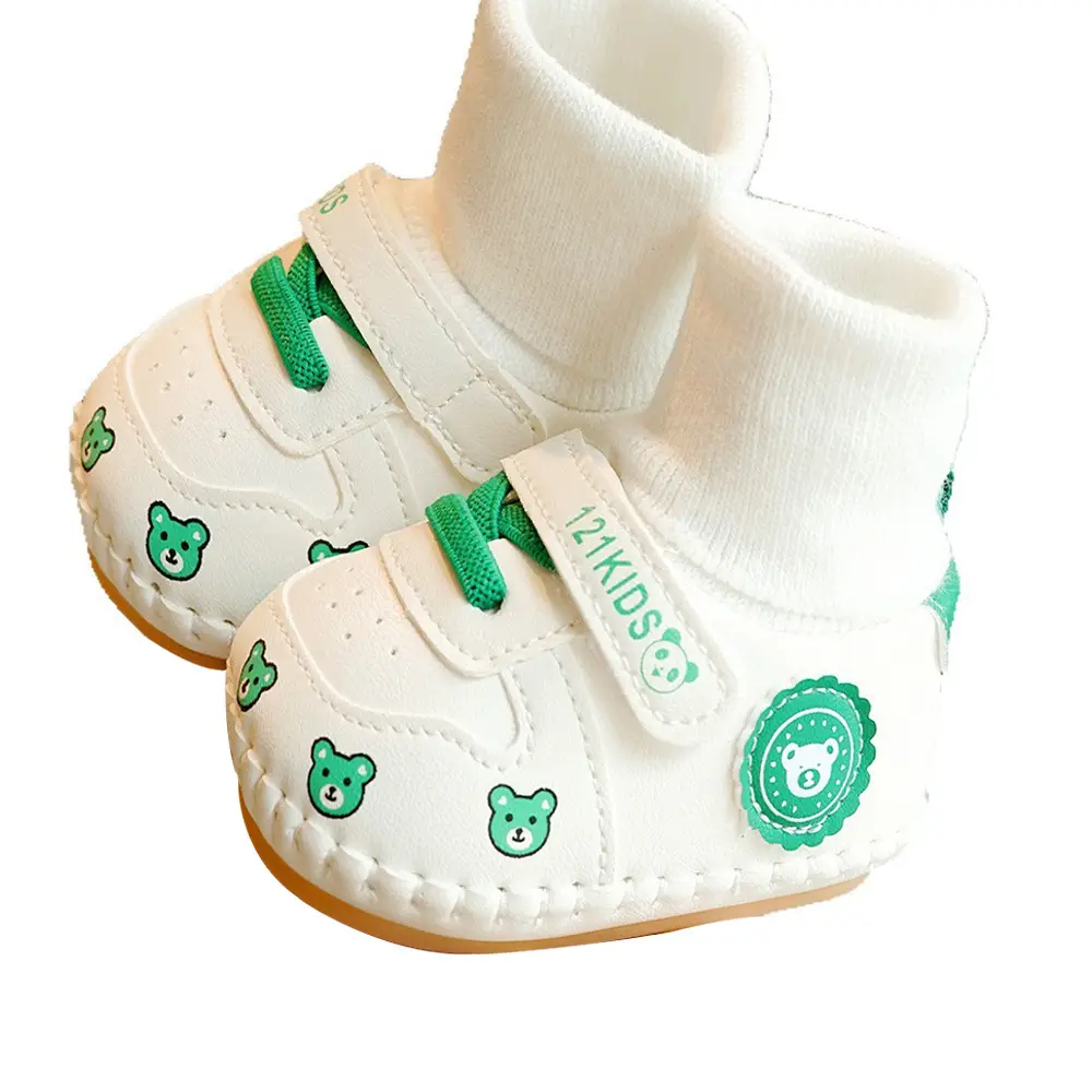Baby Shoes White Green Newborn Soft Sole 0-1Y