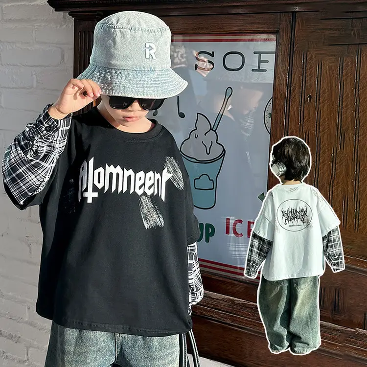 Boys Black Plaid Sleeve T-Shirt with "Almreee" Print