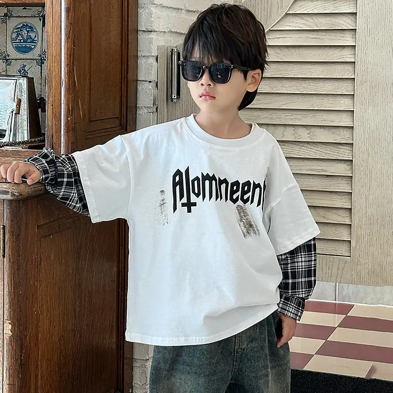 Boys Black Plaid Sleeve T-Shirt with "Almreee" Print