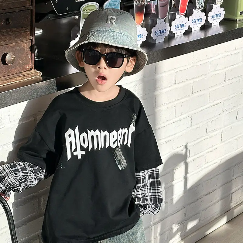 Boys Black Plaid Sleeve T-Shirt with "Almreee" Print