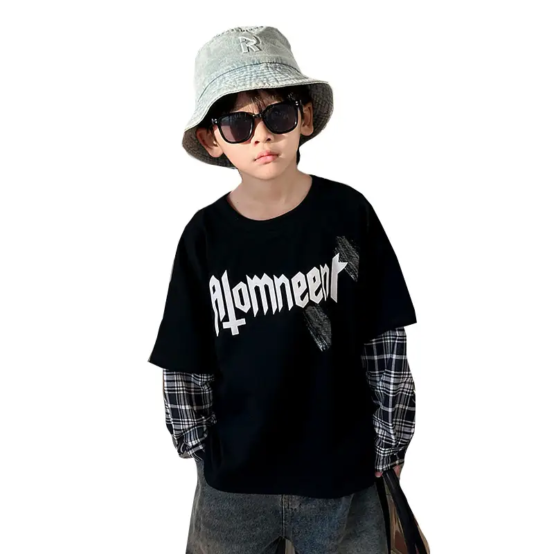 Boys Black Plaid Sleeve T-Shirt with "Almreee" Print